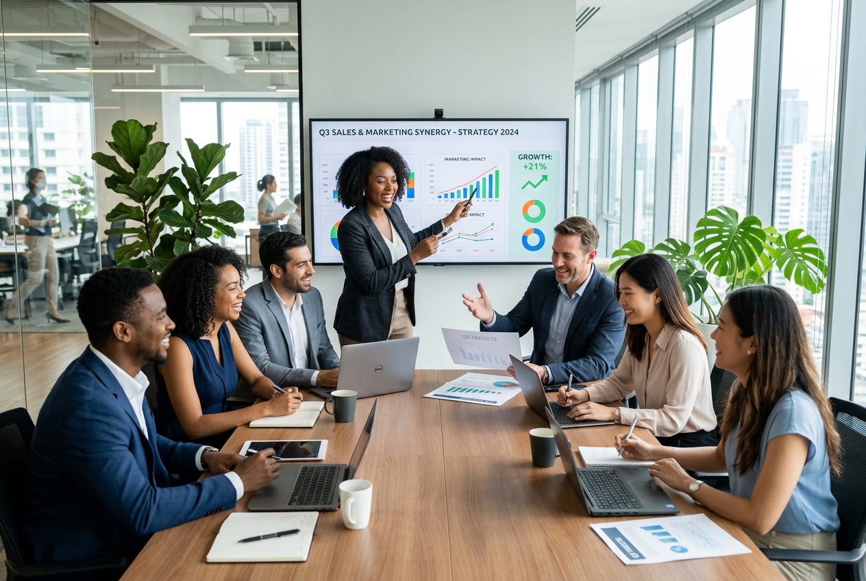 Grupa profesjonalistów współpracujących przy stole konferencyjnym, omawiających wykresy i materiały marketingowe w nowoczesnym biurze.