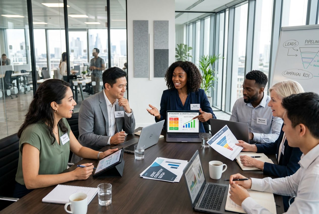 Grupa profesjonalistów współpracujących przy stole konferencyjnym w nowoczesnym biurze, analizujących wykresy i dane.