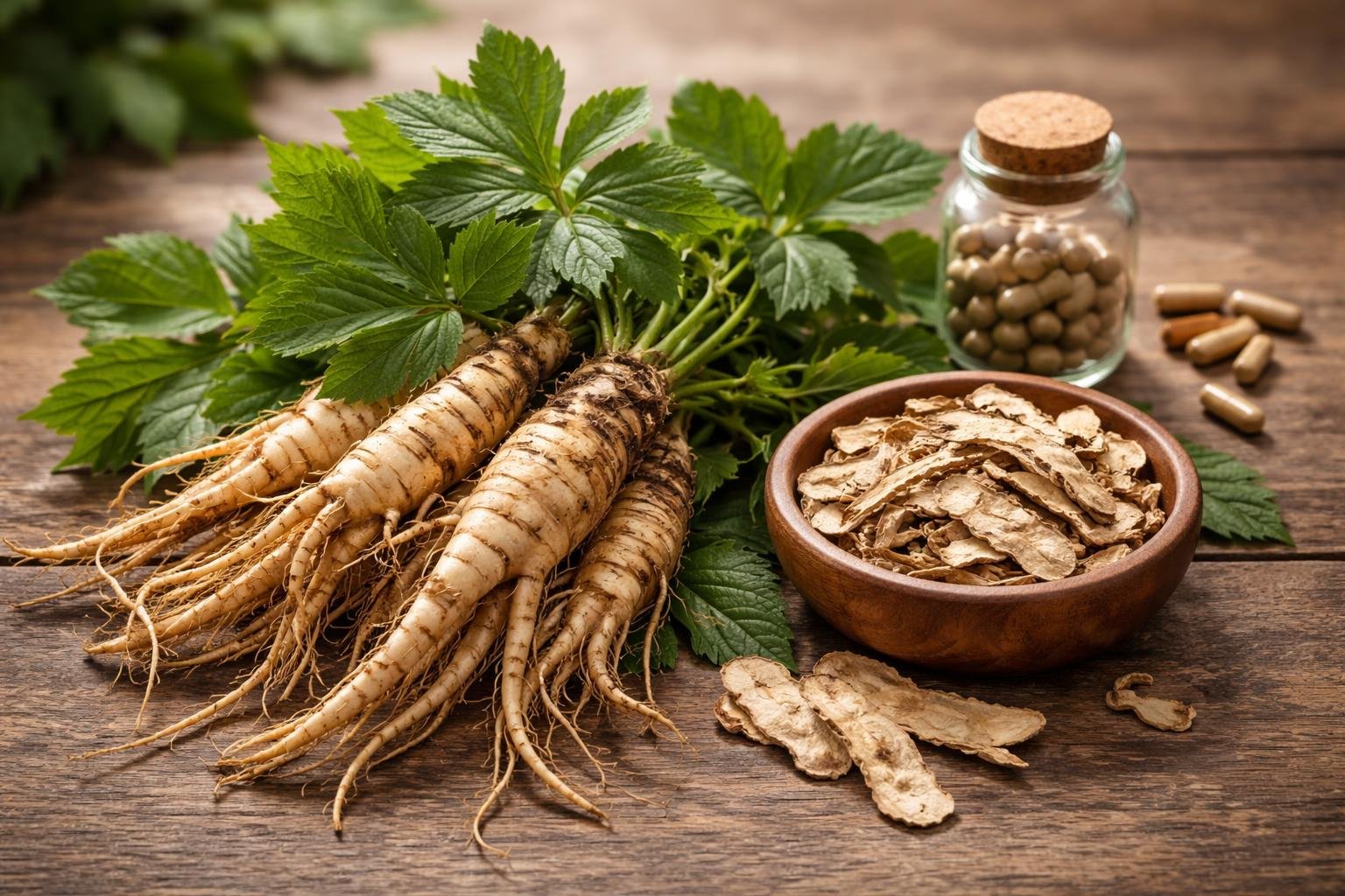 Fresh Dong Quai roots and leaves arranged with capsules and dried slices on a wooden surface.