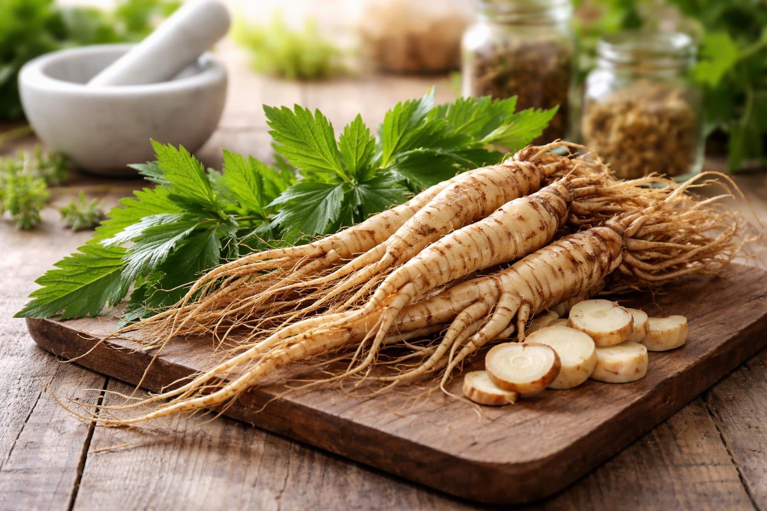 Fresh Dong Quai roots and green leaves arranged on a wooden surface with herbal medicine tools in the background.