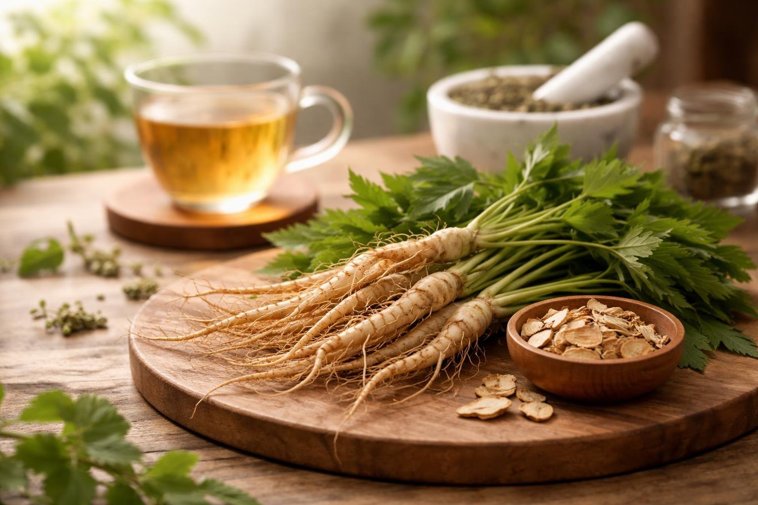 Close-up of Dong Quai roots and leaves on a wooden surface with a glass of herbal tea and a mortar and pestle in the background.