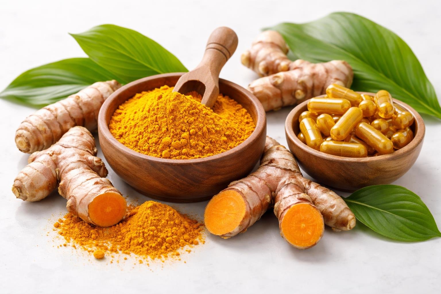 Close-up of fresh turmeric roots, turmeric powder, green leaves, and a small bowl of golden curcumin capsules on a white surface.