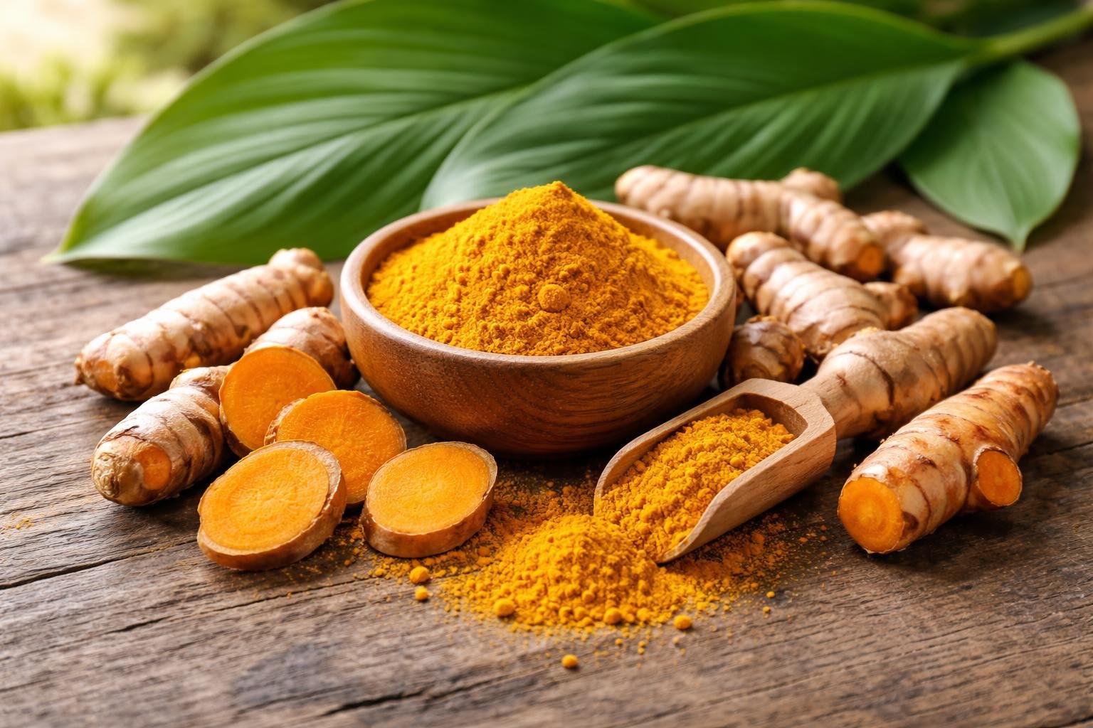 Fresh turmeric roots, turmeric powder, and green turmeric leaves arranged on a wooden surface.