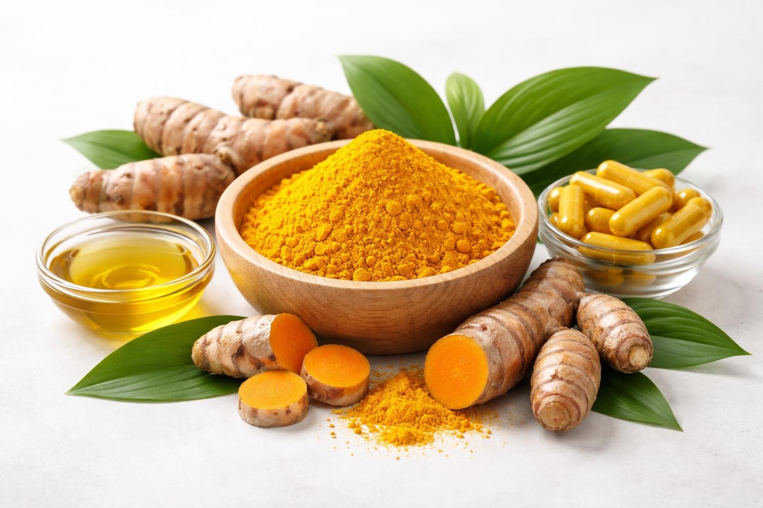 Fresh turmeric roots and yellow curcumin powder arranged with green leaves and glass bowls of curcumin extract and capsules on a white surface.