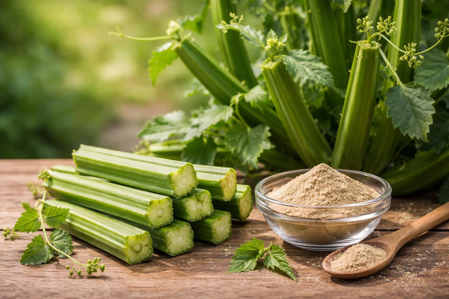 Close-up of fresh green Cissus Quadrangularis stems and leaves with some cut pieces and powdered supplement on a wooden surface in a natural outdoor setting.