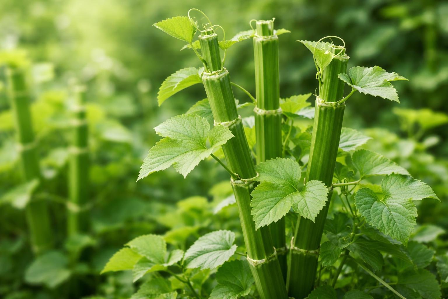 Close-up of green Cissus Quadrangularis plants with square stems and leaves in a natural outdoor setting.