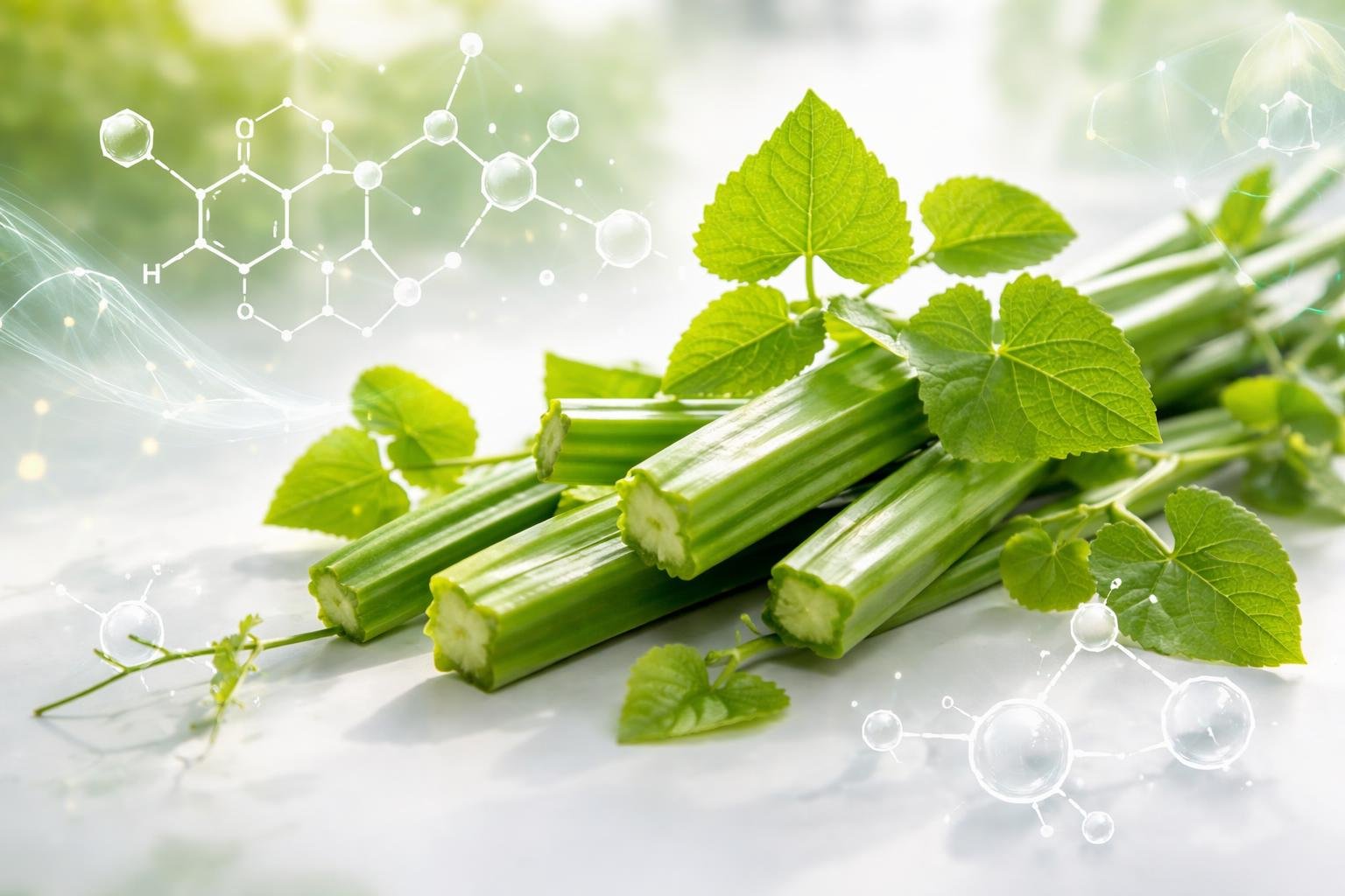 Close-up of green Cissus Quadrangularis stems with molecular structures and glowing lines in the background representing scientific concepts.