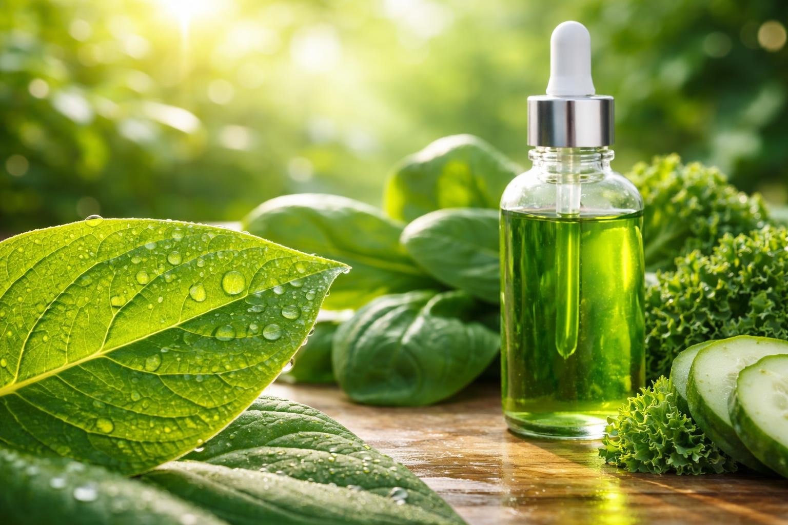 A close-up of a fresh green leaf with dew drops, a glass bottle of green liquid, and fresh green vegetables on a wooden table.