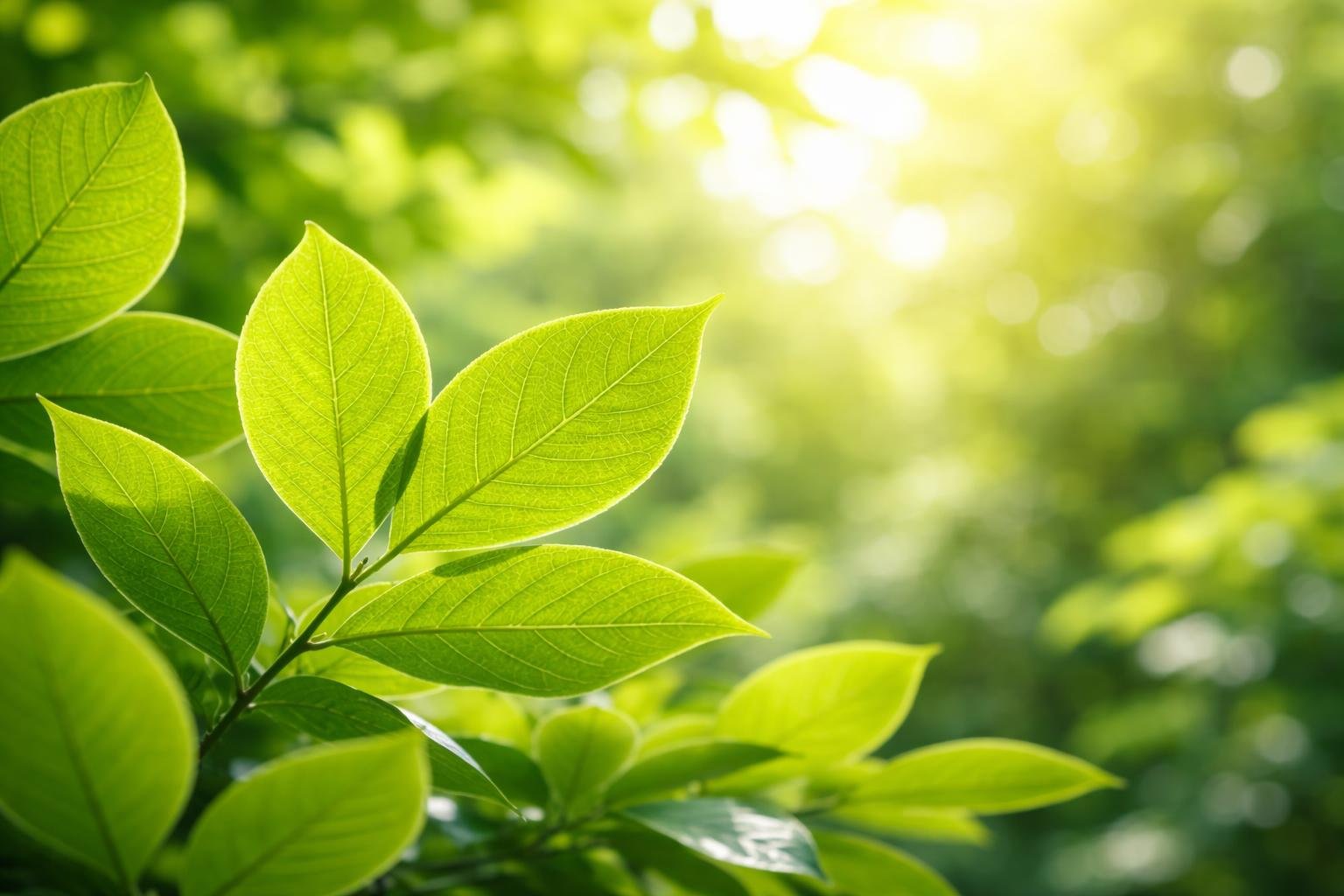 Close-up of bright green leaves with sunlight shining through them in a natural outdoor setting.