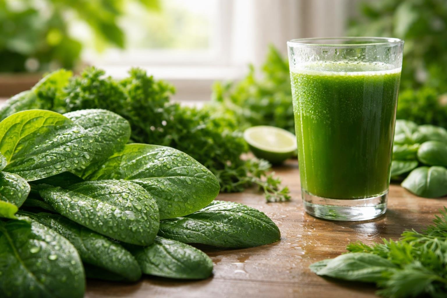 Close-up of fresh green leaves and a glass of green juice on a wooden table with natural sunlight.