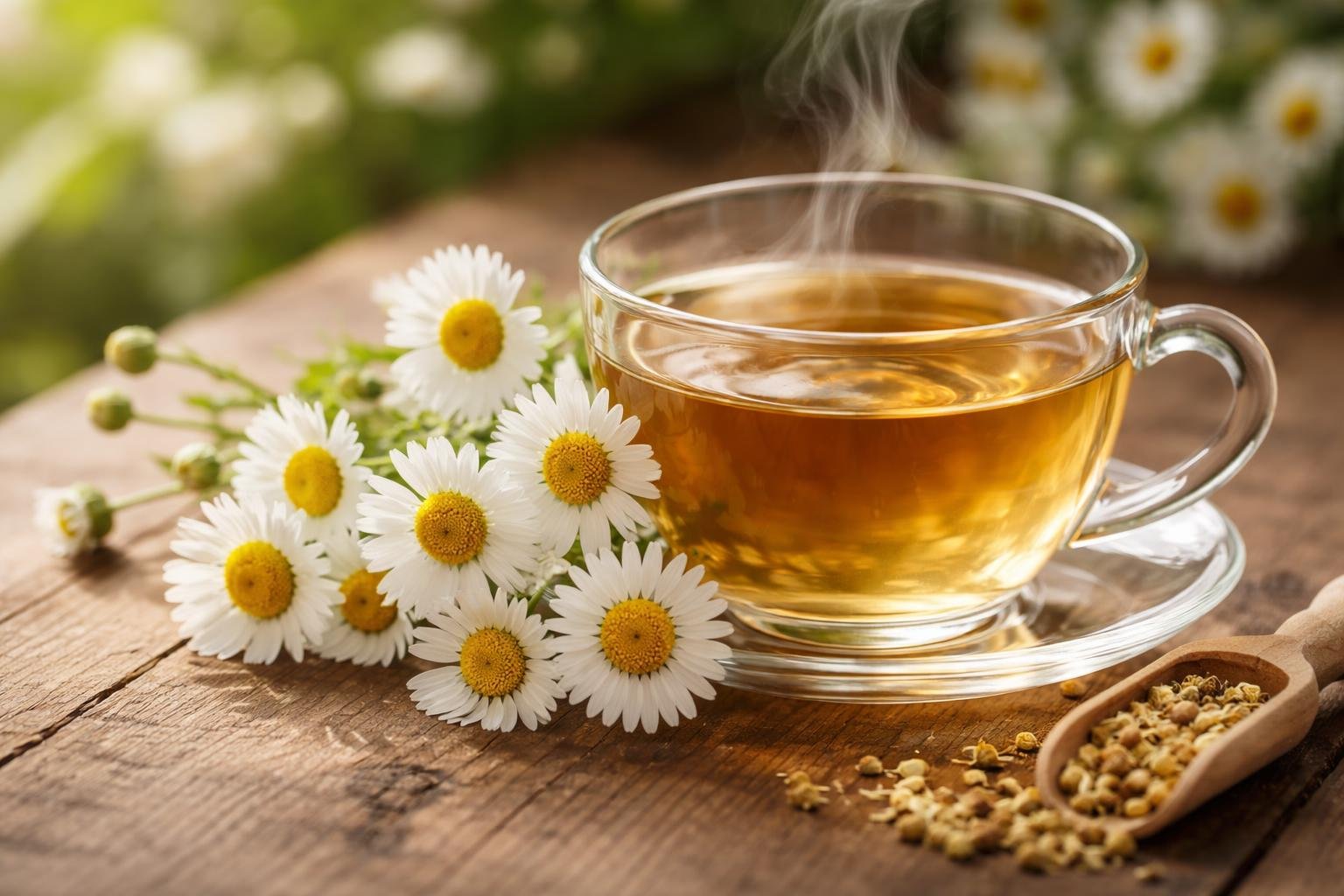 A close-up of fresh chamomile flowers next to a steaming cup of chamomile tea on a wooden table with green leaves in the background.