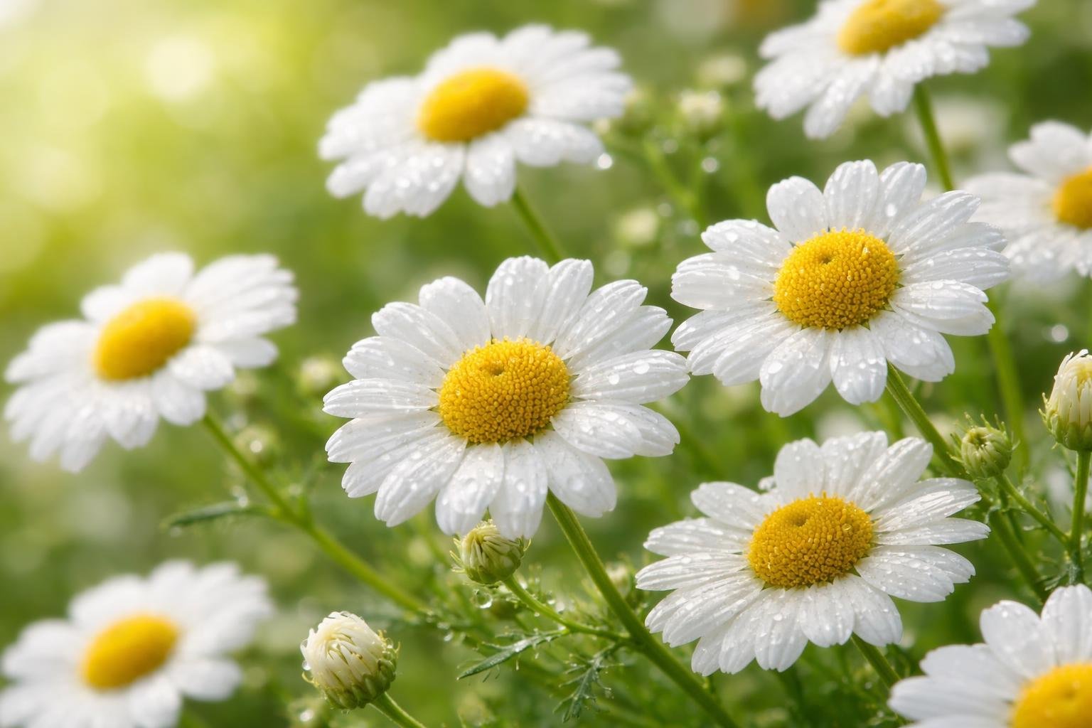 Close-up of fresh chamomile flowers with white petals and yellow centers in a green outdoor setting.