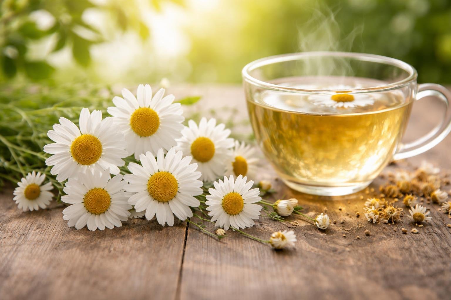 Close-up of fresh chamomile flowers next to a steaming cup of chamomile tea on a wooden surface with green leaves in the background.