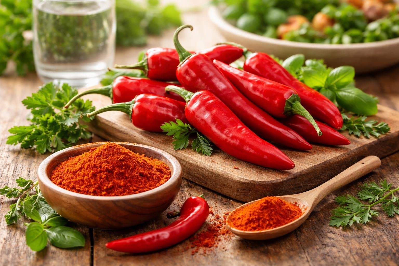Close-up of fresh red cayenne peppers and cayenne powder on a wooden table with green herbs and a glass of water in the background.