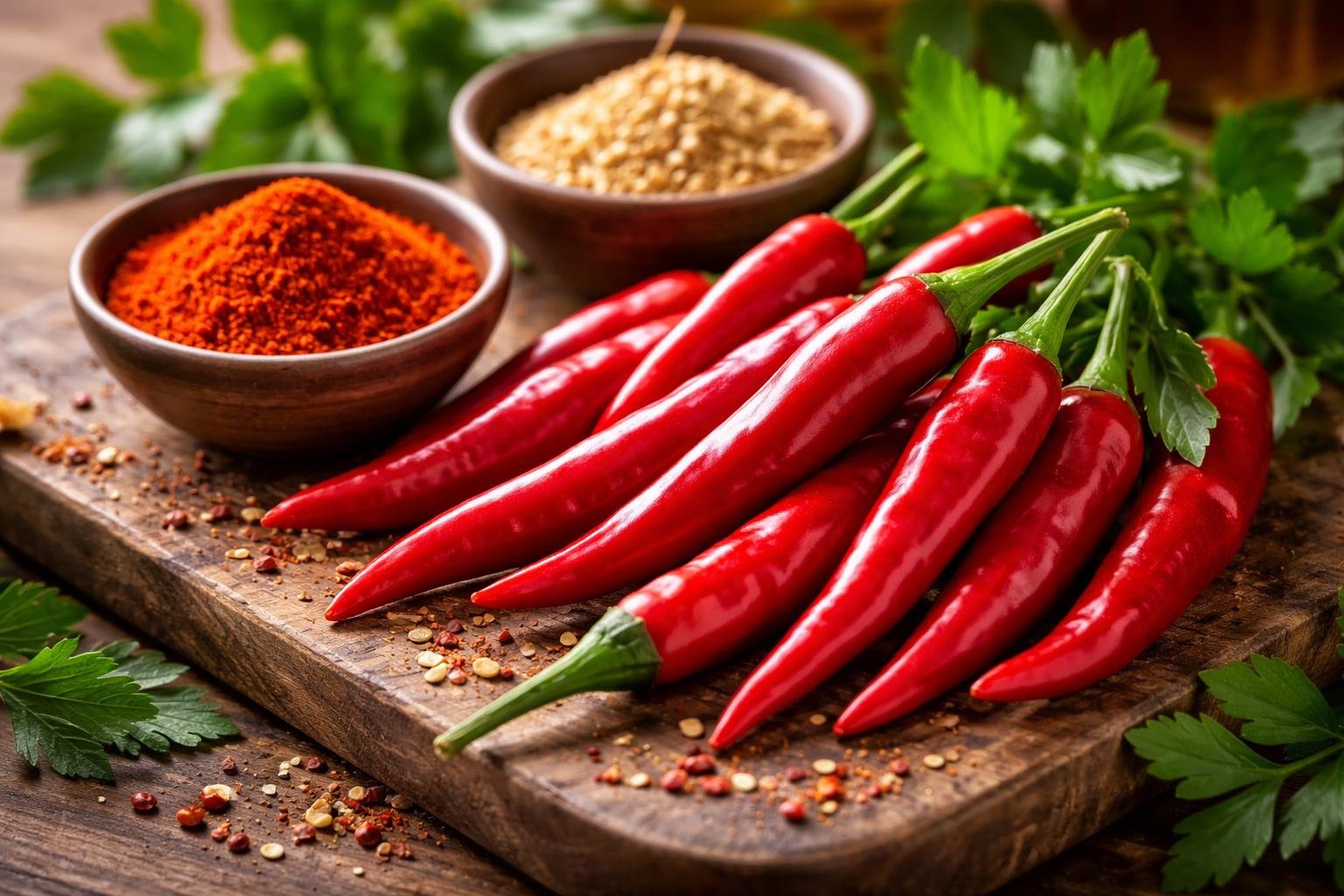 Close-up of fresh red cayenne peppers with bowls of cayenne powder and seeds on a wooden surface, surrounded by green leaves.