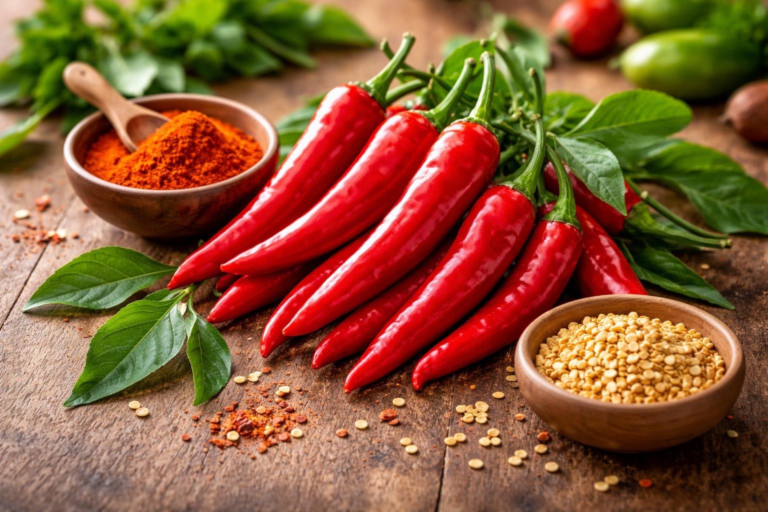Close-up of fresh red cayenne peppers with green leaves and small bowls of cayenne powder and seeds on a wooden surface.
