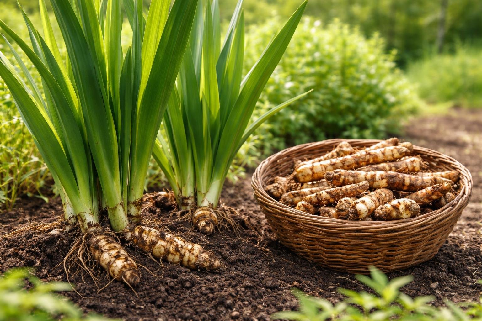 Fresh calamus plants with green leaves and roots in soil next to a basket of harvested calamus in a garden.
