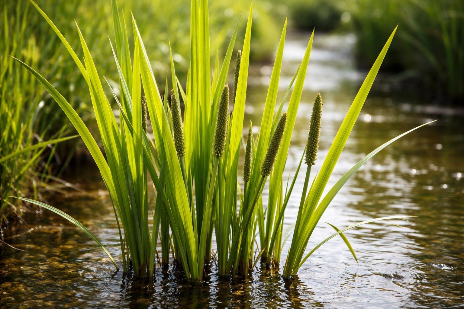 Close-up of fresh Calamus plants with long green leaves and reed-like stems growing in shallow water in a natural wetland setting.