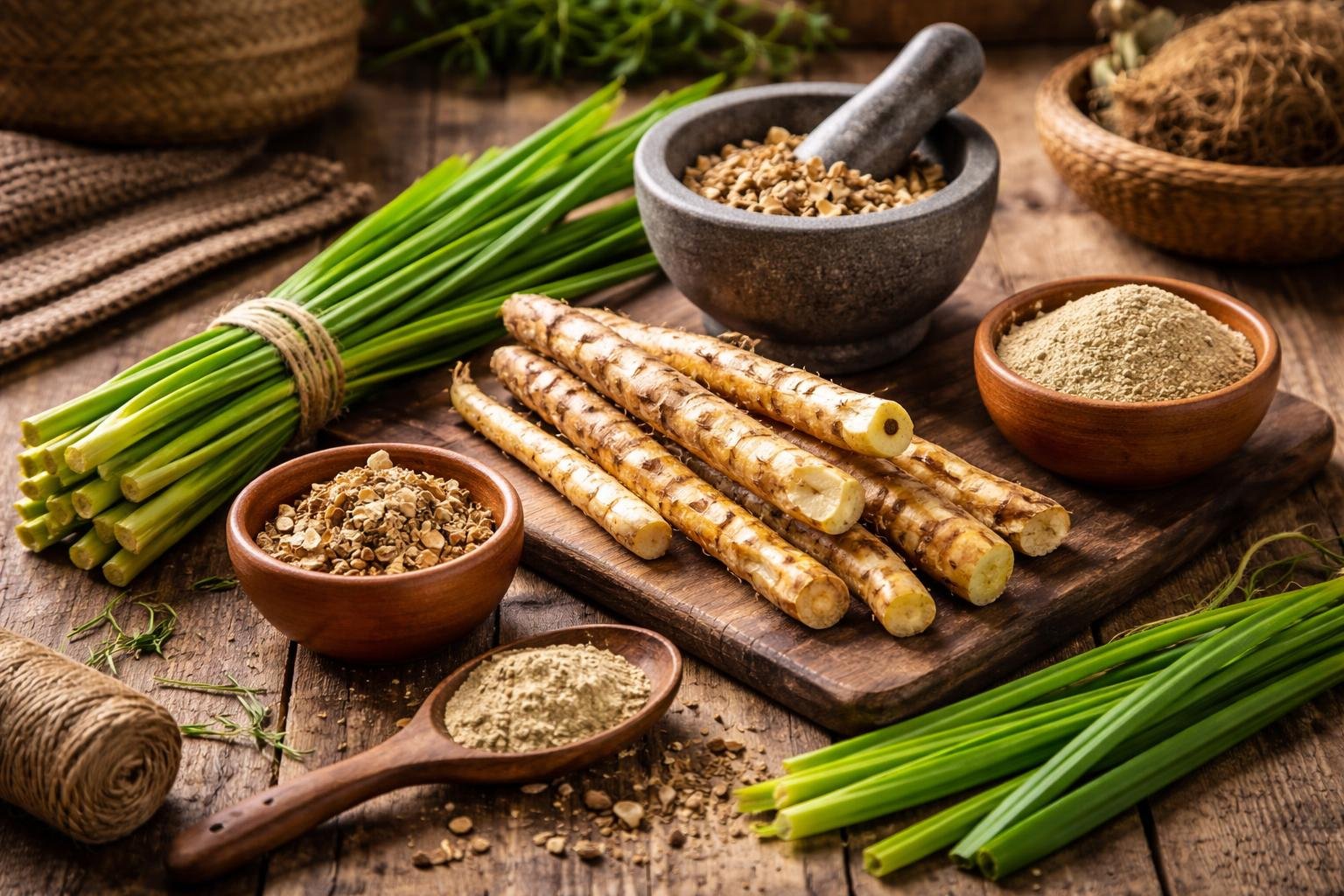 A wooden table with fresh calamus leaves, calamus roots, herbal medicine tools, and natural baskets arranged together.