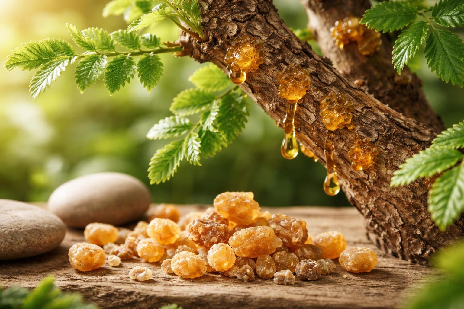 Close-up of Boswellia serrata tree branches with green leaves and resin, surrounded by resin chunks and stones on a wooden surface.