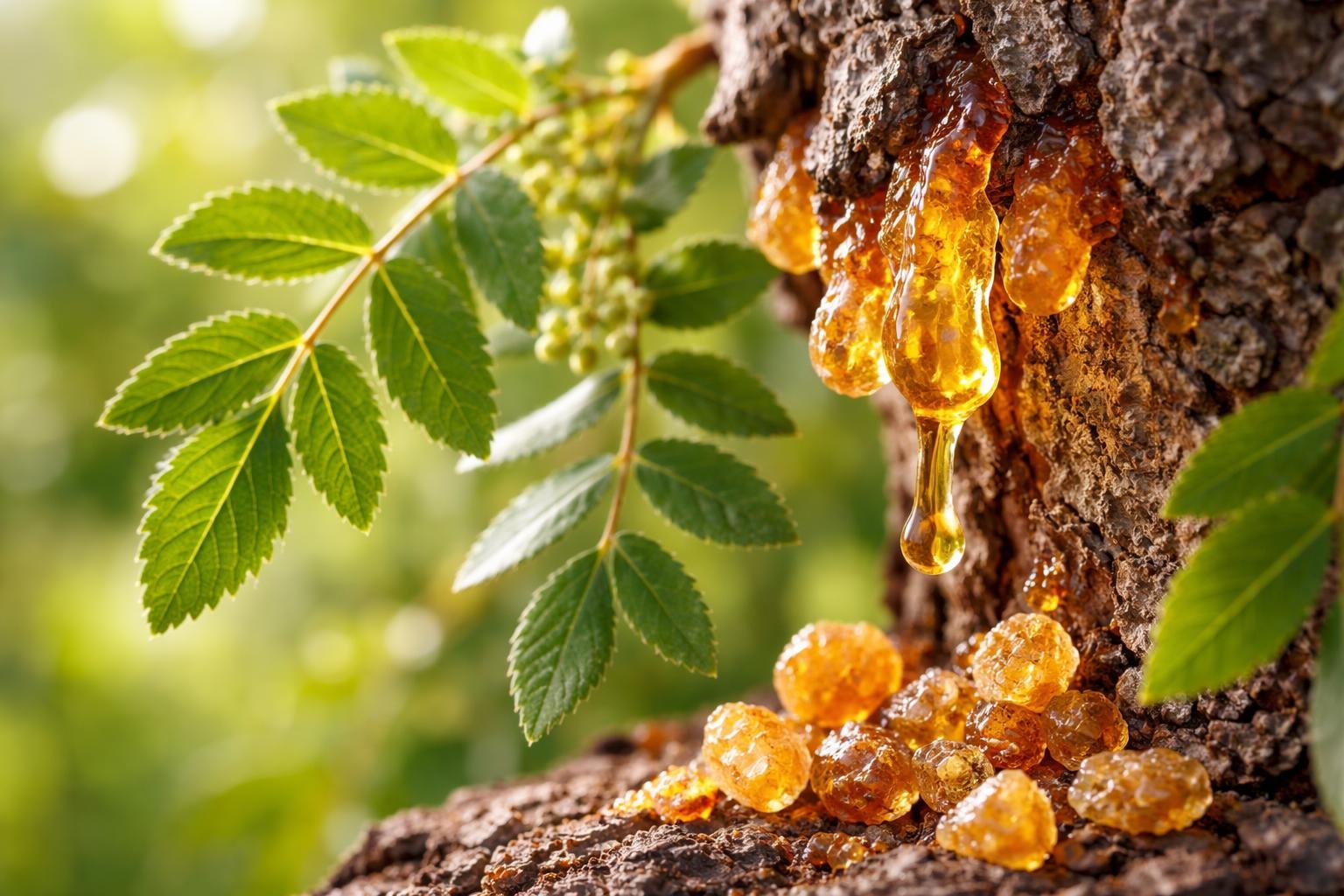 Close-up of Boswellia serrata tree resin and green leaves on branches.