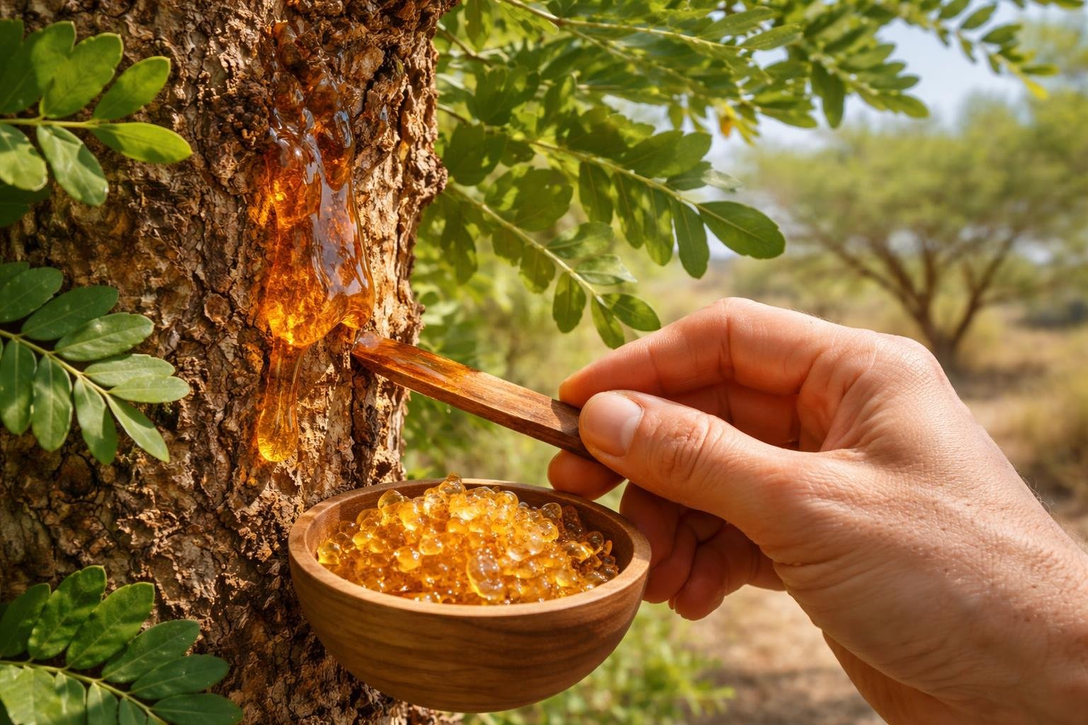 Close-up of amber resin being collected from Boswellia serrata tree bark with green leaves and a blurred tree in the background.
