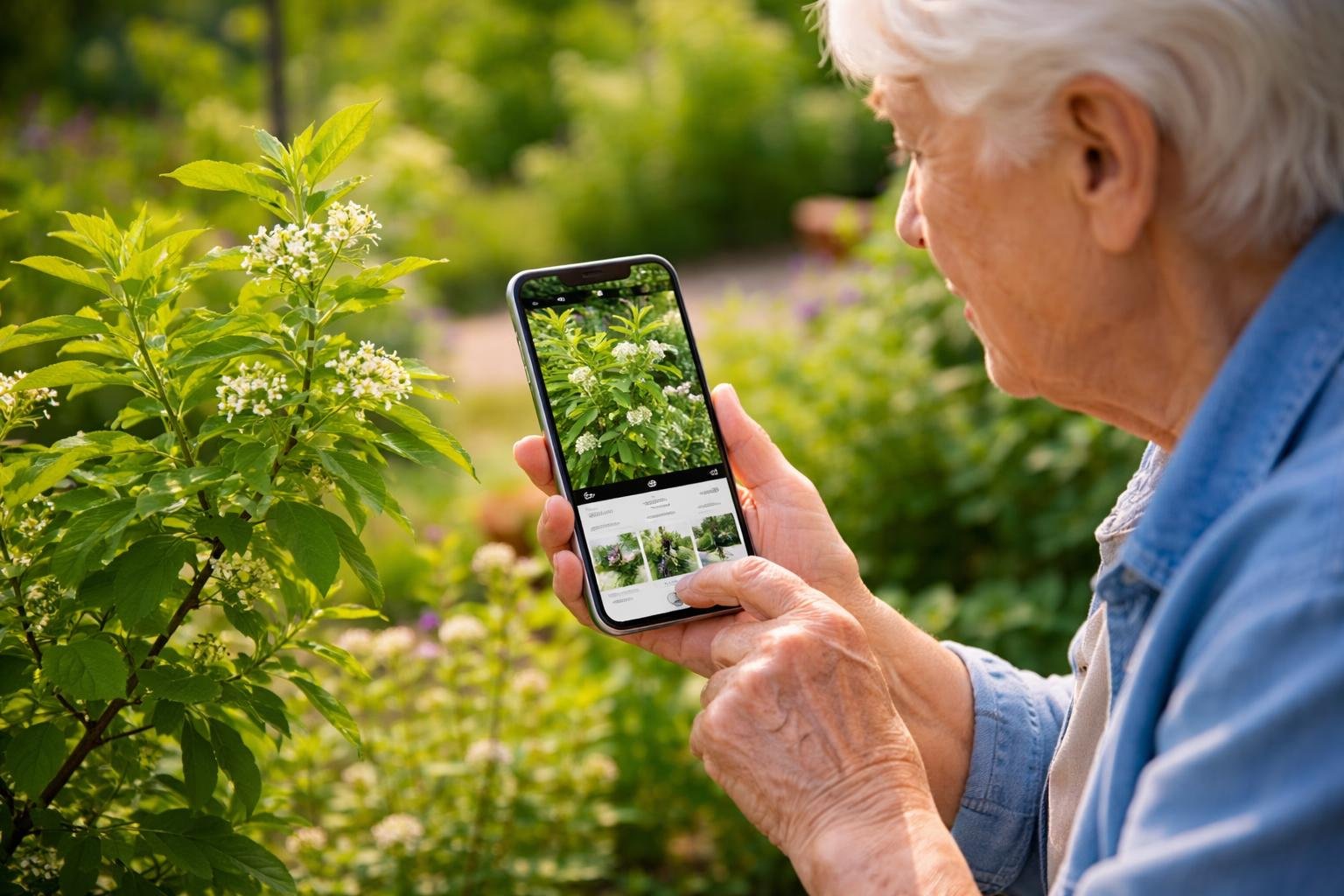 An elderly person using an iPhone to identify a plant while gardening outdoors.
