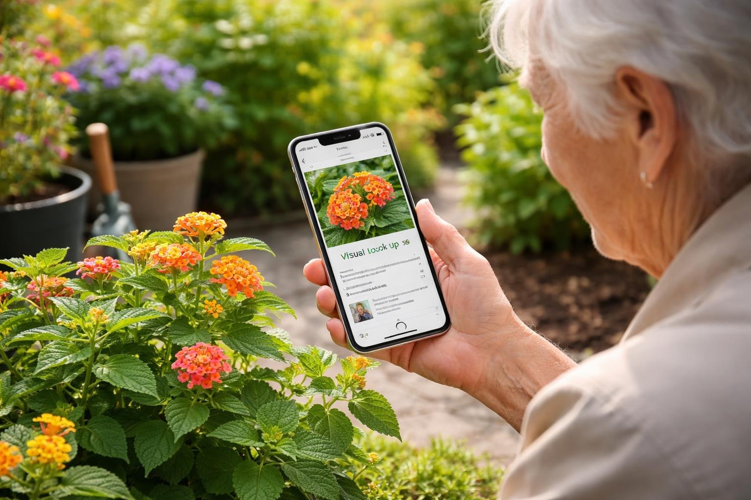An elderly person using an iPhone to identify a plant in a garden.