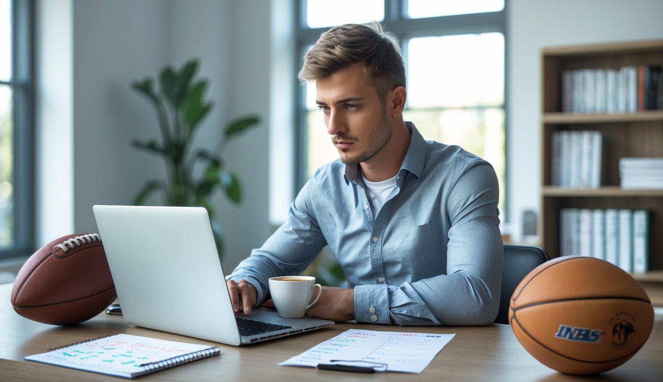 Seorang pria muda duduk di meja dengan laptop dan catatan, mempelajari strategi taruhan olahraga dasar.