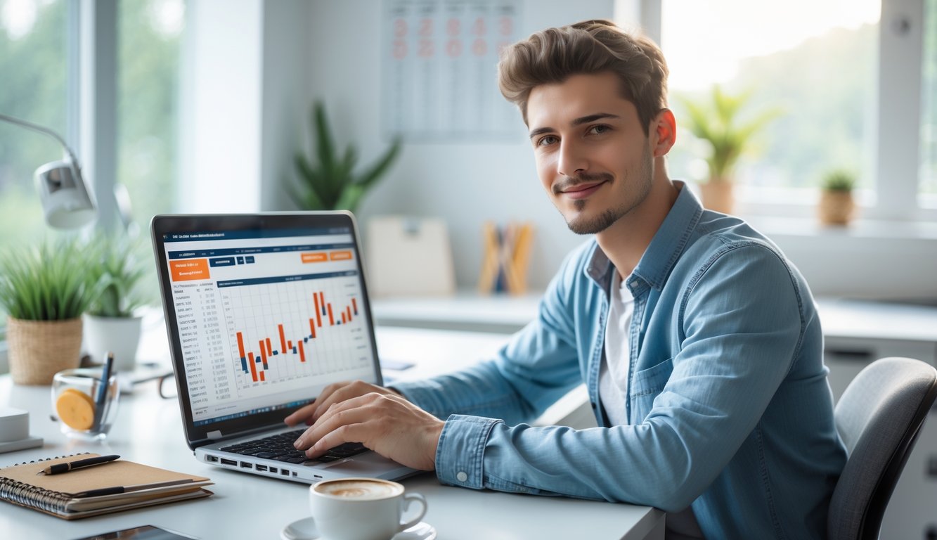 Seorang pria muda duduk di meja kerja dengan laptop, melihat statistik olahraga dengan fokus dan senyum ringan di ruangan yang terang dan rapi.