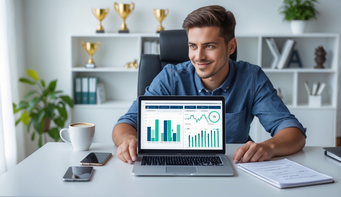 Seorang pria muda duduk di meja kerja di rumah, sedang melihat data taruhan olahraga di laptop dengan ekspresi fokus dan percaya diri.