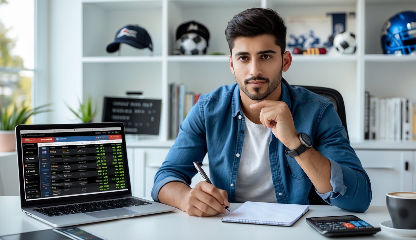 Seorang pria muda duduk di meja dengan laptop dan catatan, terlihat fokus mempelajari taruhan olahraga.