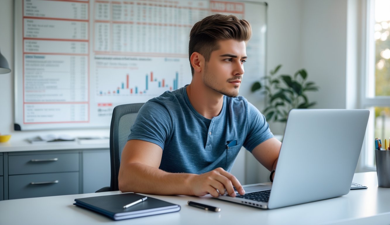 Seorang pria muda duduk di meja dengan laptop dan catatan, sedang menganalisis statistik dan strategi taruhan olahraga.