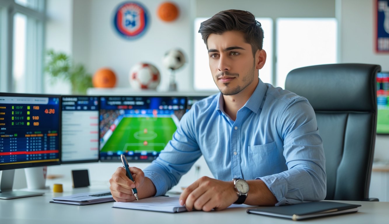 Seorang analis olahraga muda duduk di meja dengan beberapa layar yang menampilkan pertandingan dan grafik statistik, sedang fokus menganalisis data.