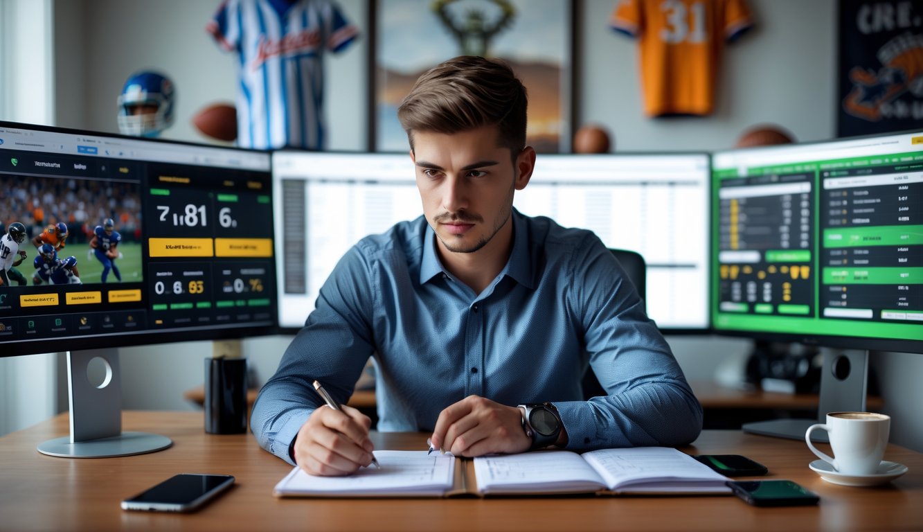 Seorang pria muda duduk di meja dengan layar komputer menampilkan statistik olahraga dan catatan, sedang menganalisis pertandingan olahraga.