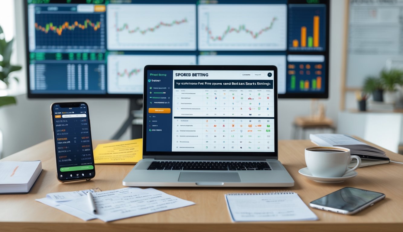 Seorang pemula yang fokus belajar strategi taruhan olahraga duduk di meja dengan laptop dan catatan, dikelilingi oleh perangkat dan grafik olahraga.