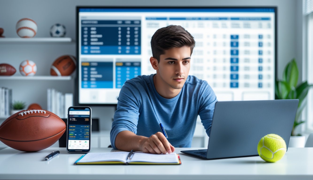 Seorang pria muda duduk di meja dengan laptop dan ponsel, dikelilingi oleh perlengkapan olahraga, sedang menganalisis data taruhan olahraga.