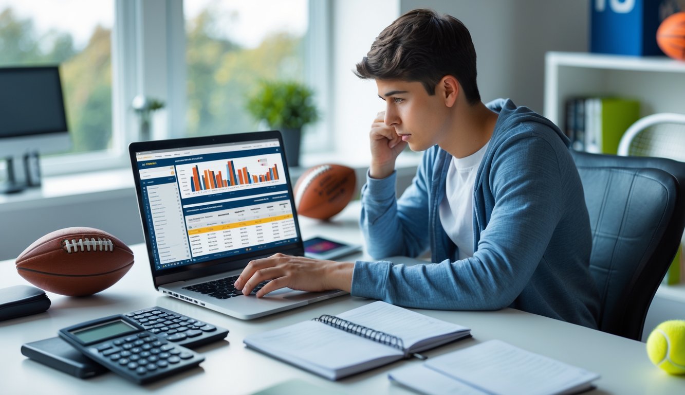 Seorang pemula taruhan olahraga duduk di meja dengan laptop, kalkulator, dan catatan, menganalisis data taruhan dengan latar belakang ruang kerja yang terang dan rapi.