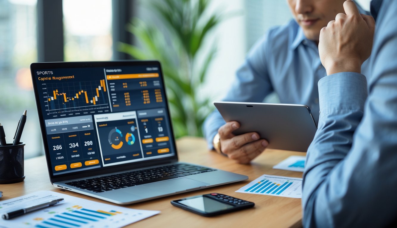Seorang pria muda menganalisis data taruhan olahraga di meja kerja dengan laptop, dokumen keuangan, dan kalkulator.