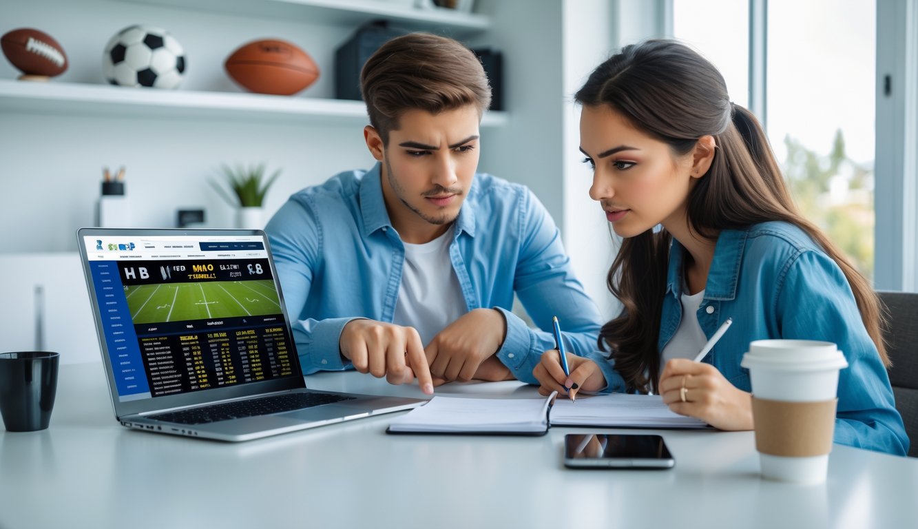 Seorang pria dan wanita muda duduk di meja kerja sambil melihat layar laptop yang menampilkan data taruhan olahraga, dengan suasana belajar dan fokus.