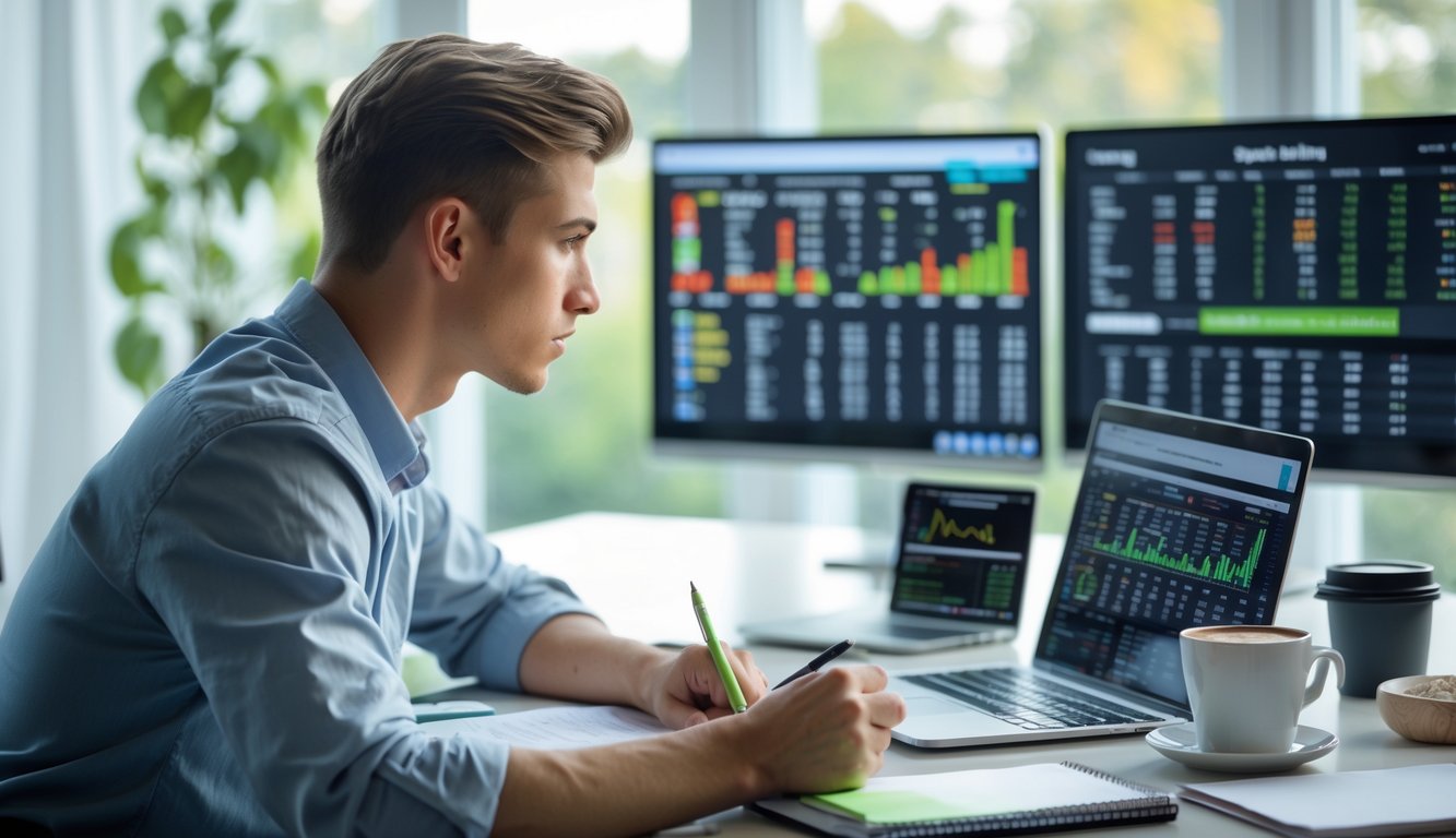 Seorang pria muda sedang duduk di meja kerja modern, fokus menganalisis peluang taruhan olahraga pada beberapa layar digital.