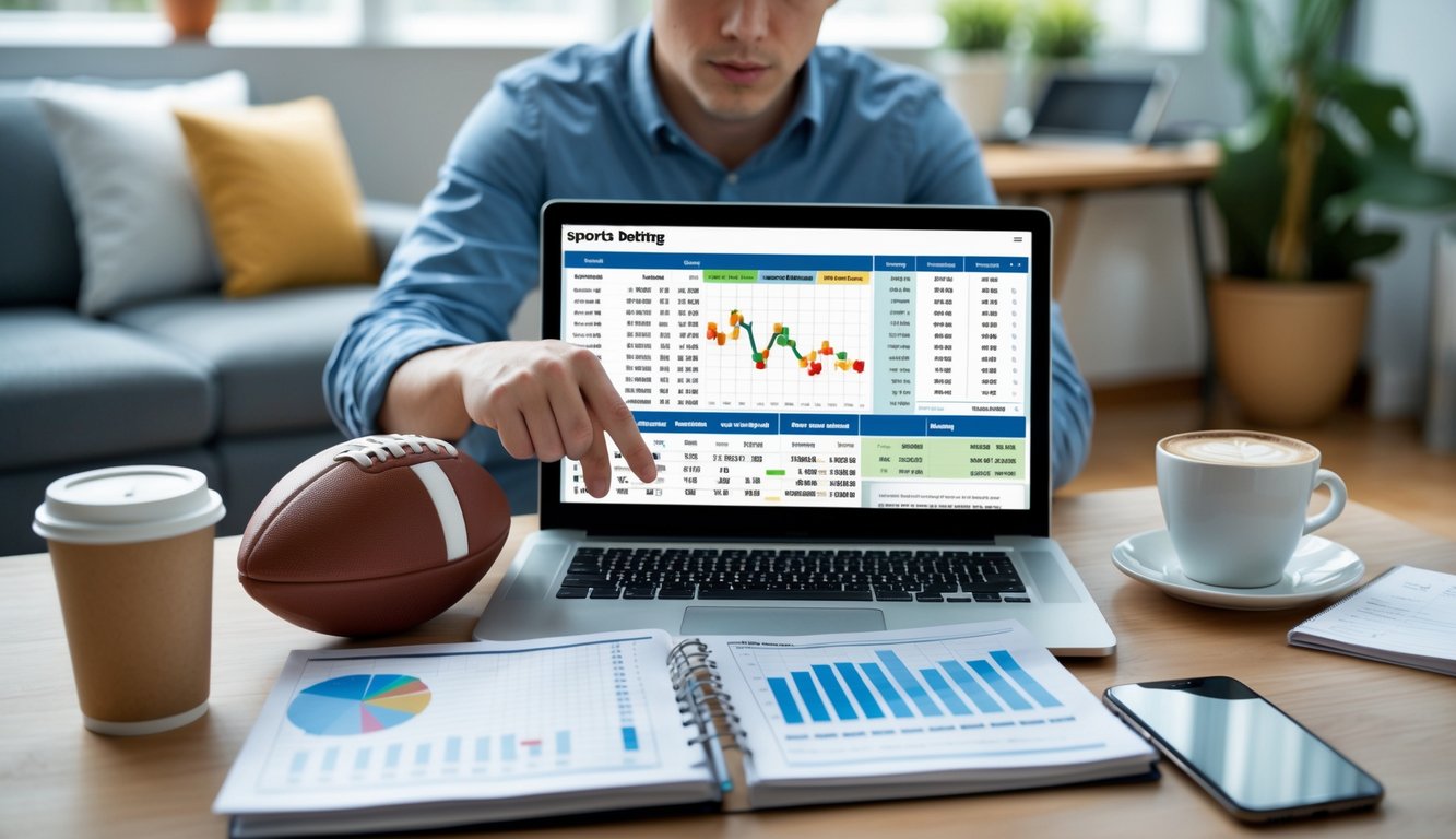 Seorang pemula taruhan olahraga sedang menganalisis data di laptop di ruang kerja rumah yang rapi dengan perlengkapan olahraga di sekitarnya.