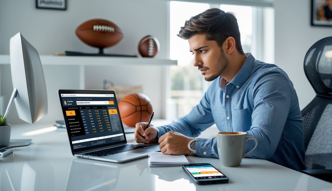 Seorang pria muda duduk di meja dengan laptop, mencatat dan menganalisis statistik olahraga dalam ruangan yang terang dengan perlengkapan olahraga di latar belakang.