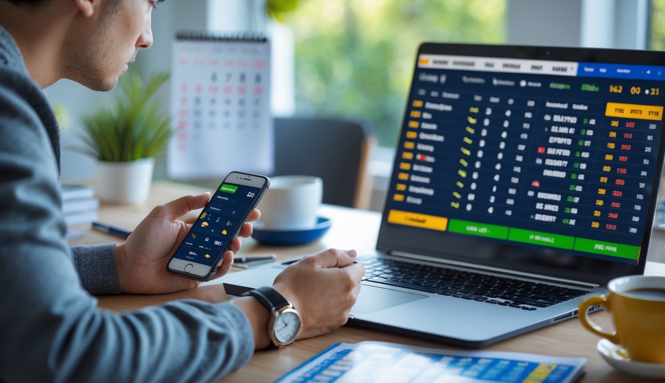 Seseorang muda duduk di meja dengan laptop dan smartphone, sedang memilih pertandingan olahraga untuk taruhan.
