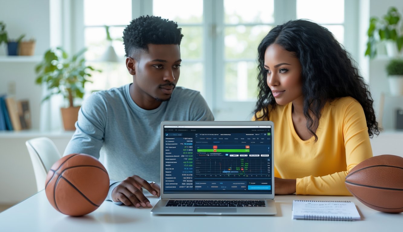 Dua orang muda duduk di meja dengan laptop, menganalisis data pertandingan olahraga untuk taruhan.