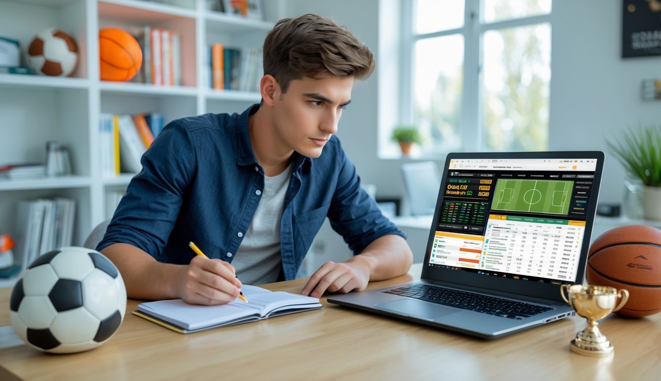 Seorang pria muda duduk di meja dengan laptop dan alat tulis, dikelilingi perlengkapan olahraga di ruang kerja yang rapi.