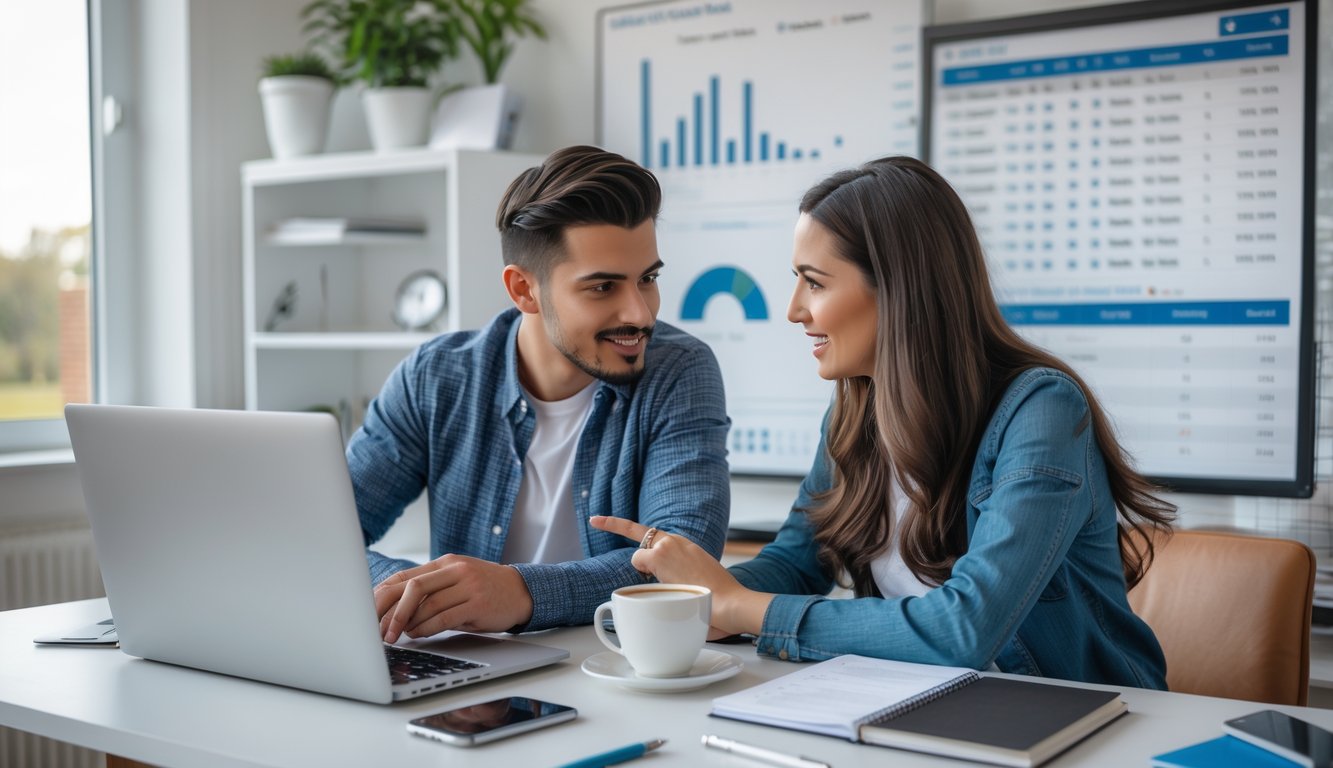 Seorang pria dan wanita muda sedang berdiskusi sambil melihat layar laptop dengan data taruhan olahraga di ruang kerja yang terang.