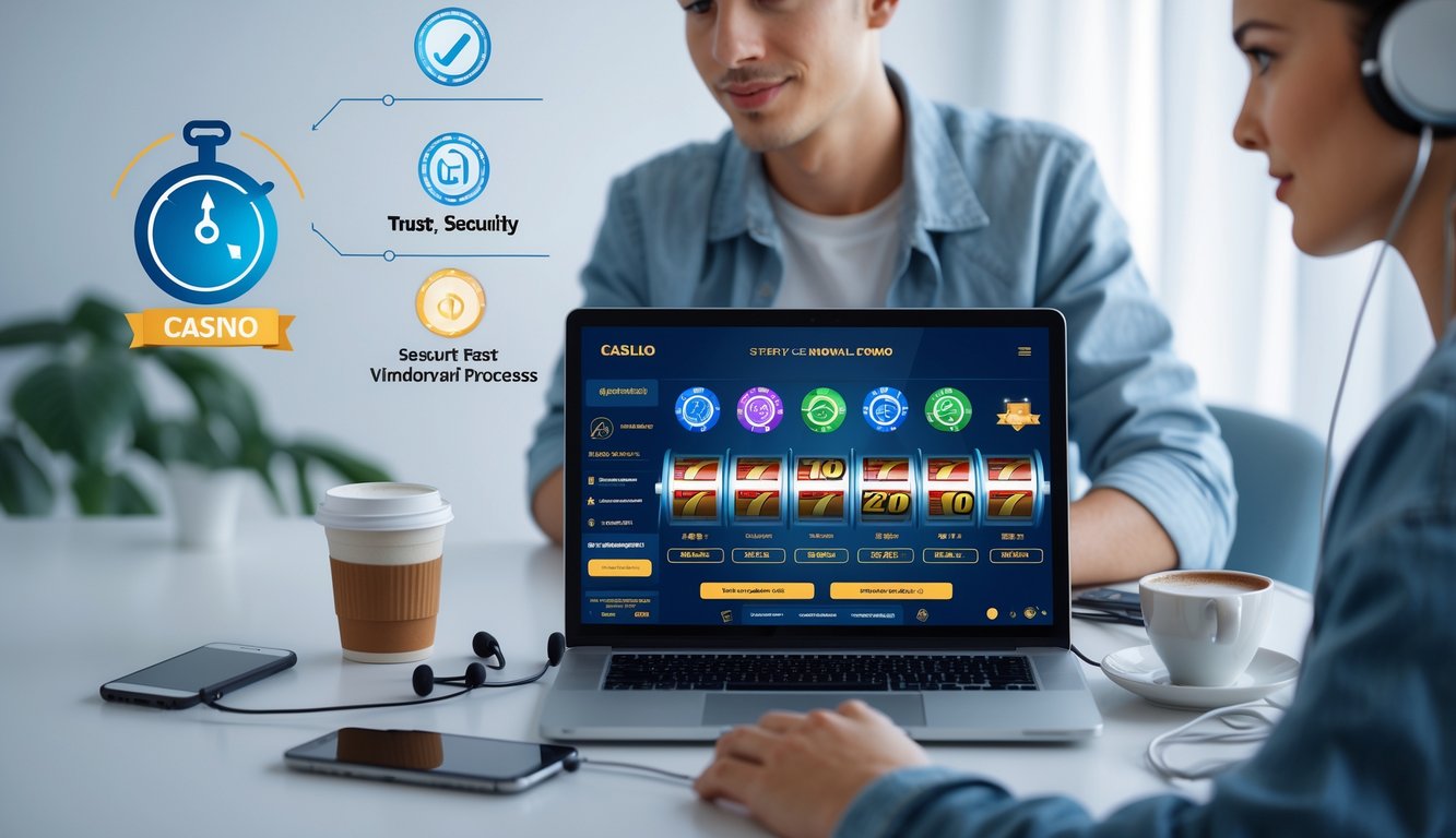 Seseorang menggunakan laptop di meja kerja dengan tampilan permainan kasino online dan ikon keamanan di layar.