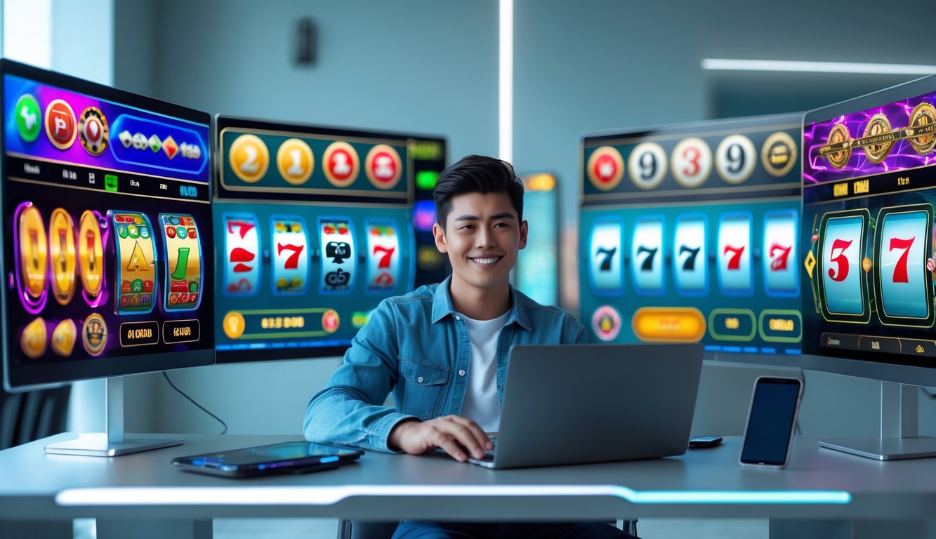 Seorang dewasa muda menggunakan laptop dan ponsel di meja dengan layar menampilkan permainan kasino online yang berwarna-warni.