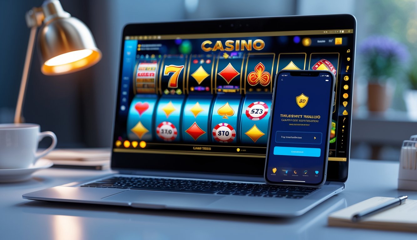Seorang pengguna sedang bermain di situs kasino online dengan komputer dan ponsel di meja yang rapi.